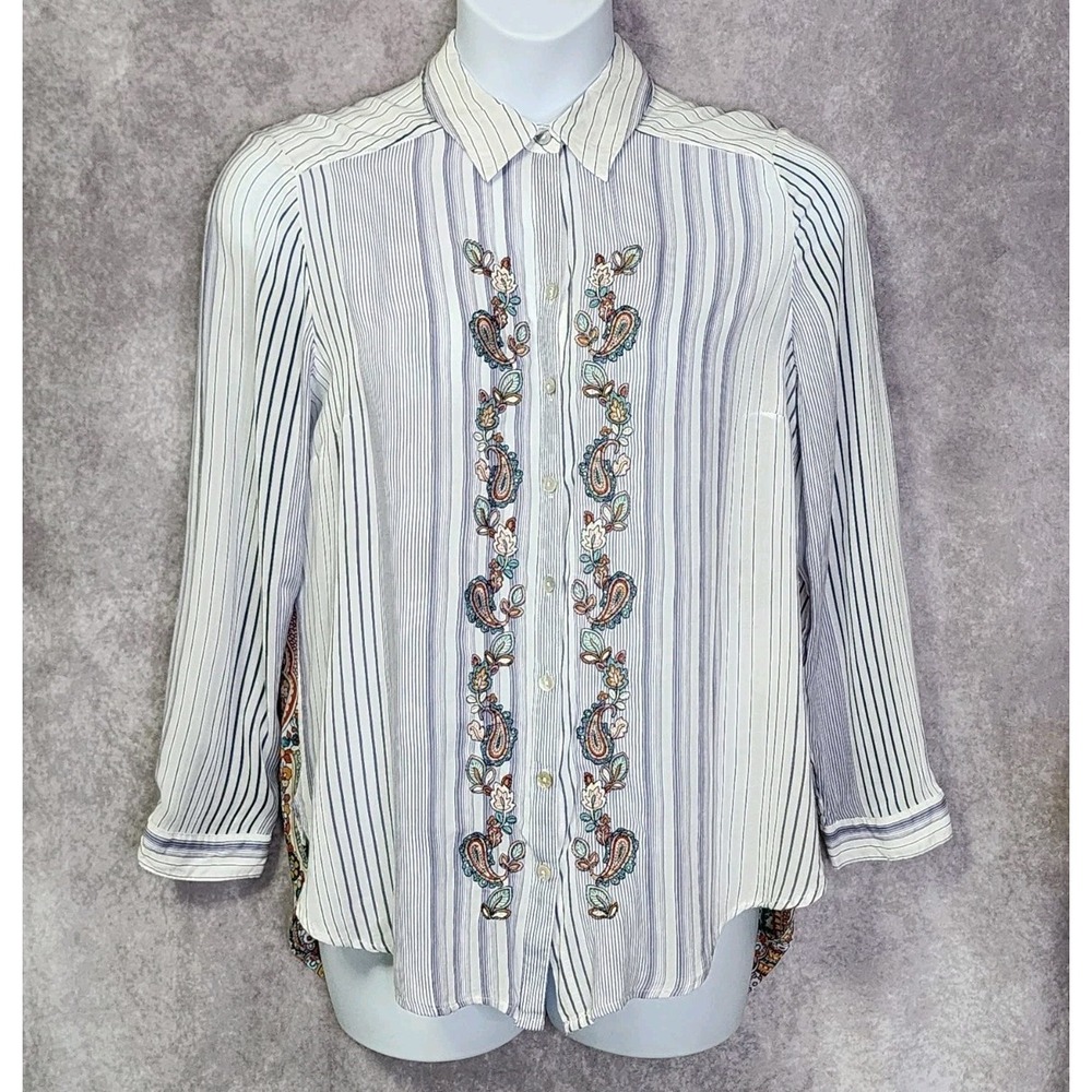 Chicos 2 Womens Large Embroidered Paisley Stripe‎ Button Front Shirt Tunic Boho